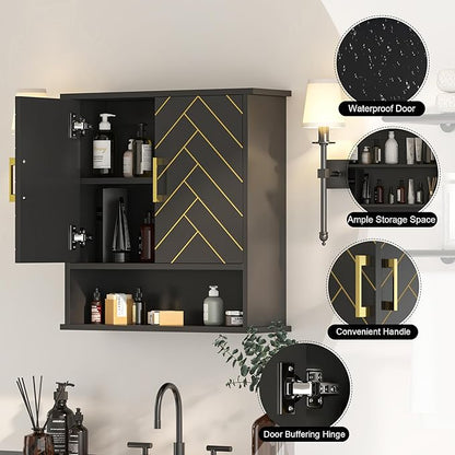 Black Chevron Pattern Bathroom Wall Cabinet, Modern Hanging Medicine Cabinet with Gold Hardware, Space-Saving Over Toilet Storage Organizer (23 5/8" x 22 7/8" x 15 3/4")