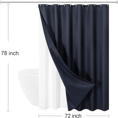 3 in 1 Long Navy Blue Shower Curtain Set-72 W x 78 H, Modern Waffle and PEVA Liner Set with 12 Stainless Steel Hooks, Waterproof Fabric for Bathroom