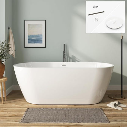 FerdY 67" Bali Acrylic Freestanding Bathtub, Gracefully Shaped Freestanding Soaking Bathtub, cUPC Certified, Toe-Tap Polished White Drain and Minimalist Linear Design Overflow Included