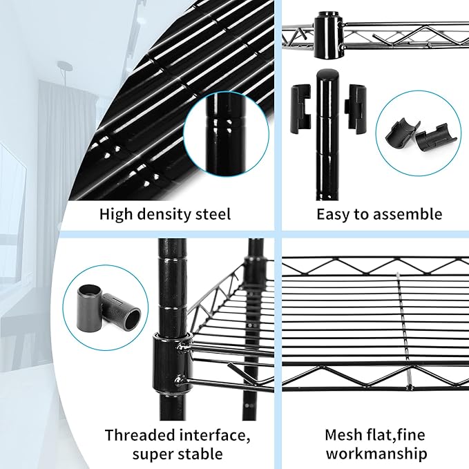 5-Tier Wire Shelving Adjustable Shelves Unit Metal Storage Rack for Laundry Bathroom Kitchen Pantry Closet Organization (Black, 16.6" L x 11.4" W x 49.1" H)