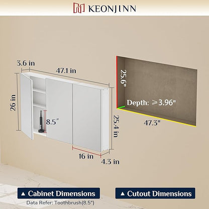 Keonjinn 48 x 26 Inch Medicine Cabinet, Assembly Required, White Bathroom Medicine Cabinets Mirror, Lightweight, Adjustable Shelves, Surface Mount or Recessed, Tempered Glass