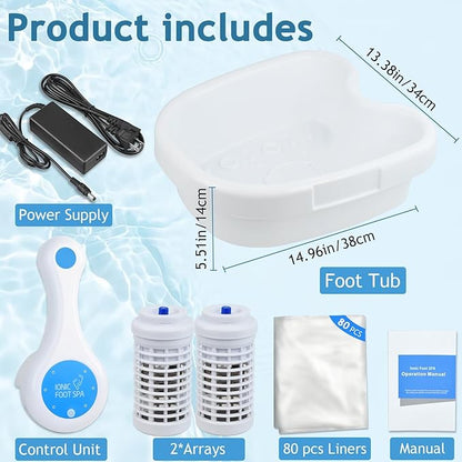 Ionic Foot Bath Detox Machine 3.0, Ionic Foot Spa for Home Detox with an Auto Start-Stop Control Unit, 2 Powerful Arrays, Foot Soaking Tub & 80 Liners
