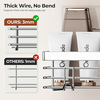 Orimade Adhesive Shower Caddy Soap Dish Holder Shelf with 5 Hooks Bathroom Organizer Basket Kitchen Storage Rack Wall Mounted No Drilling Stainless Steel - 3 Pack,Silver