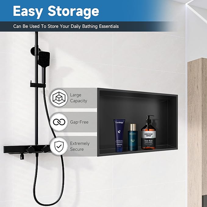 18" X 12" Shower Niche Insert Tile Ready, Niche for Shower Wall, Stainless Steel Recessed Shelf No Tile Needed for Bathroom Storage, Matte Black