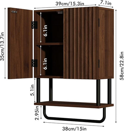 RUSTOWN Farmhouse Bathroom Wall Cabinet with 2 Door, 3-Tier Curved Profile Wooden Medicine Cabinet, Wall Mounted Storage Cabinet with Adjustable Shelf and Towel Bar (Dark Walnut, Small)