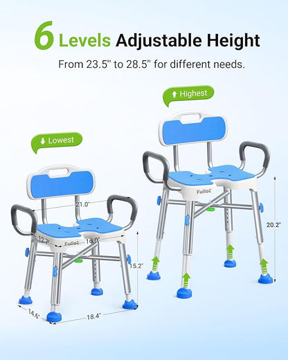 Ergonomic H-Shaped Shower Chair for Elderly and Disabled with Padded Back & Arms,500 lbs Heavy Duty Adjustable Shower Stool Seat for Easy Cleaning, Anti-Slip Bath Chairs for Bathtub