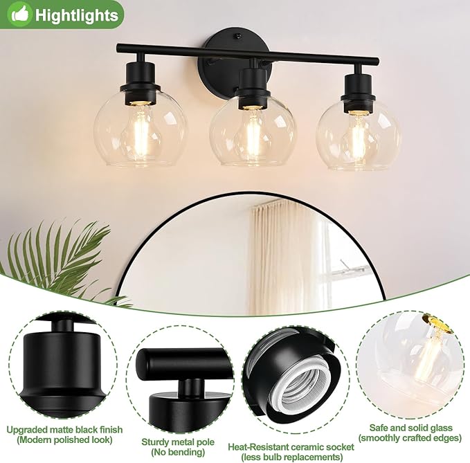 2025 Upgrade 3-Light Bathroom Light Fixtures, Black Bathroom Lights Over Mirror with Clear Glass Globe Shade, Vanity Lights for Bathroom Kitchen Living Room Hallway Cabinet Bedroom Porch.