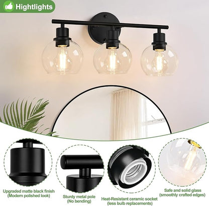 2025 Upgrade 3-Light Bathroom Light Fixtures, Black Bathroom Lights Over Mirror with Clear Glass Globe Shade, Vanity Lights for Bathroom Kitchen Living Room Hallway Cabinet Bedroom Porch.