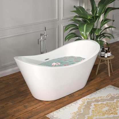 59" Freestanding Acrylic Bathtub – White Double Slipper Soaking Tub with Chrome Drain & Overflow, Glossy Finish for Modern Bathrooms #YSB9210
