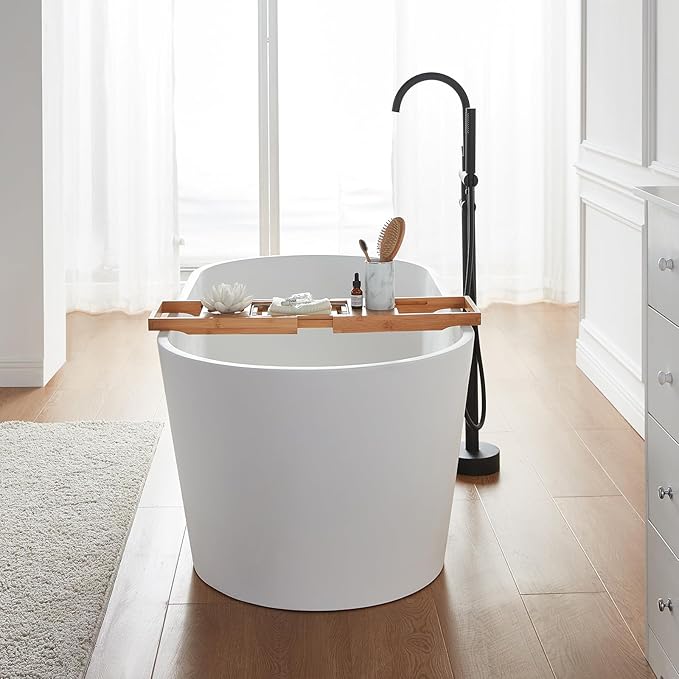 Cpingao 67" Solid Surface Freestanding Bathtub, Modern Oval Stone Resin Stand Alone Soaking Tub with Drain & Overflow, Matte White 8816-1700