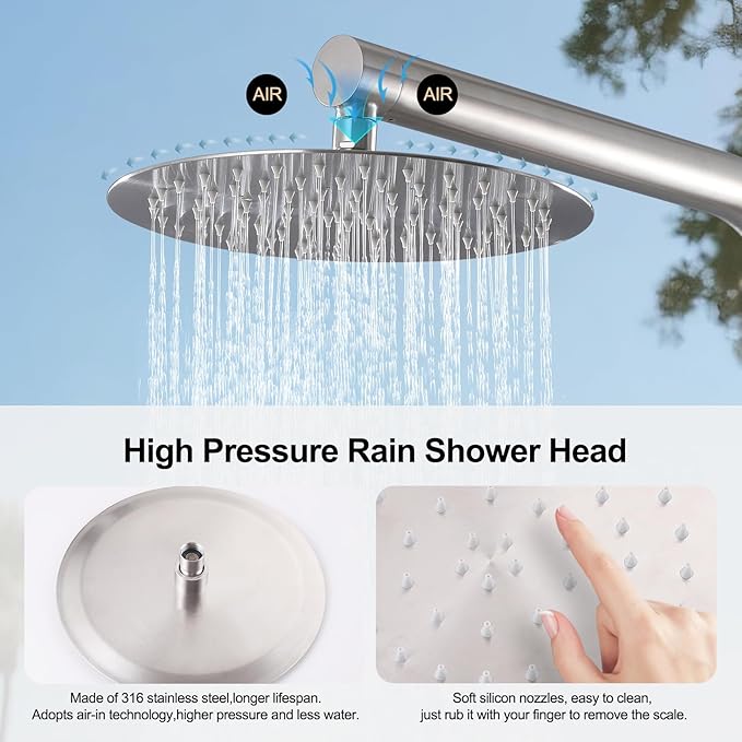 RBROHANT Freestanding Outdoor Shower, 316 Marine Grade Stainless Steel Beach Shower, Free Standing Hot and Cold Water Pool Shower with 10’’ Rain Shower Head and Handheld, Brushed Nickel, Floor Mounted