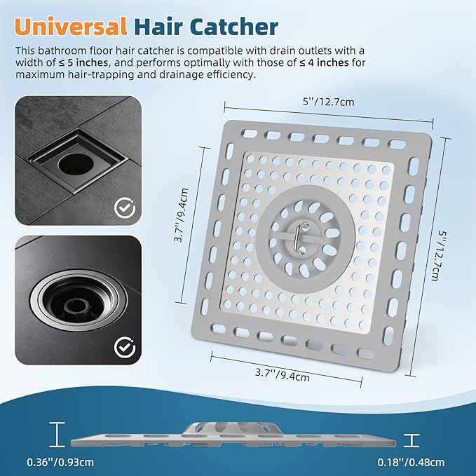 Hibbent Upgraded Shower Drain Hair Catcher, Shower Drain Cover for Bathroom Floor 4" Drain, Anti-Clogging Bathtub Drain Strainer, Stainless Steel Kitchen Sink Drain Strainer with Handle, Grey