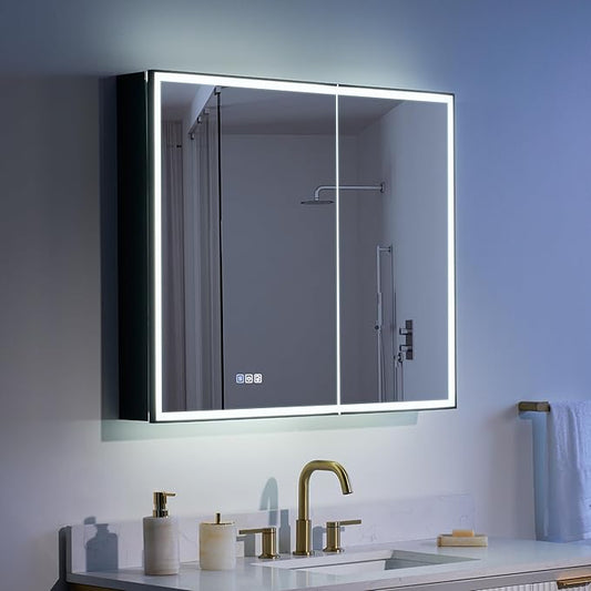 WELLFOR 36" X 30" LED Mirrored Medicine Cabinet, Medicine Cabinets with Lights for Bathroom, Defogging Function Mirror Cabinet, Bathroom Medicine Cabinet with USB Port & Outlet, Double Doors