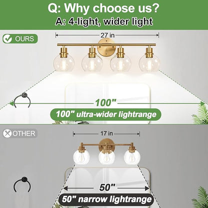 4-Light Bathroom Light Fixtures 2024 Upgrade, Gold Modern Vanity Lights Over Mirror with Clear Glass Globe Shade, Bathroom Wall Sconces for Mirror Kitchen Living Room Hallway Cabinet Bedroom Porch