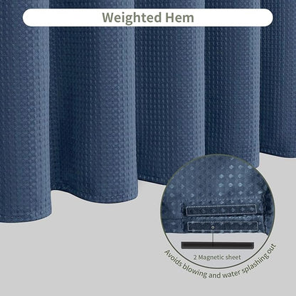Inhousolu Fabric Shower Curtain Waffle Weave, Moonlight Blue 230 GSM Heavy Duty, Weighted Hem, 14 Metal Hooks, Water Repellent, Machine Washable, Hotel Spa Luxury Bath Curtain Set, 72 x 72 Inch