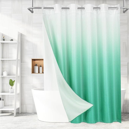 MitoVilla No Hooks Needed Turquoise Extra Long Shower Curtain Liner Set, 86 inch XL Teal Ombre Heavyweight Waffle Fabric Cloth Shower Curtains with Snap-in Liner for Modern Luxury Hotel Bathroom Decor