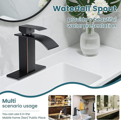 Bathroom Faucets Oil Rubbed Bronze Waterfall Bathroom Sink Faucet Modern Single Handle Bathroom Faucet for 1 or 3 Hole Mxier Tap Washbasin Faucet with Deck, Pop-up Drain and Supply Hoses