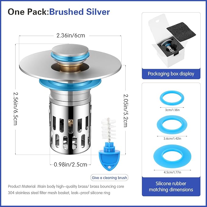 Universal Bathroom Sink Stopper, Pop Up Sink Drain Strainer Plug with Removable Stainless Steel Filter Basket Hair Catcher,Solid Brass Body,Bathroom Bathtub Drain Stopper,Brushed Silver