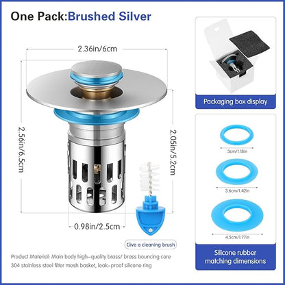 Universal Bathroom Sink Stopper, Pop Up Sink Drain Strainer Plug with Removable Stainless Steel Filter Basket Hair Catcher,Solid Brass Body,Bathroom Bathtub Drain Stopper,Brushed Silver