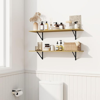 Fun Memories Deep Floating Shelves for Wall, 16W x 8D Wall Mounted Shelves Set of 2, Wide Display Ledge Shelf with Sturdy Metal Brackets for Living Room, Bathroom, Bedroom and Kitchen, Oak