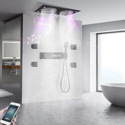 Smart Matte Black Rain LED Ceiling Shower Head With Handheld Spray, 12.5X24.5 Inch Super Large Rectangle Thermostatic Rainfall Shower System Fixtures Set And Body Jets For Double Bath