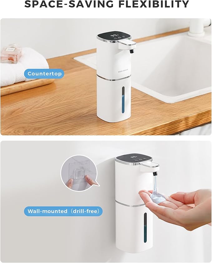 Automatic Liquid Soap Dispenser, 12.8oz Rechargeable, Adjustable Liquid Levels, IPX5 Waterproof, Touchless & Wall/Tabletop Use for Kitchen Bathroom, White