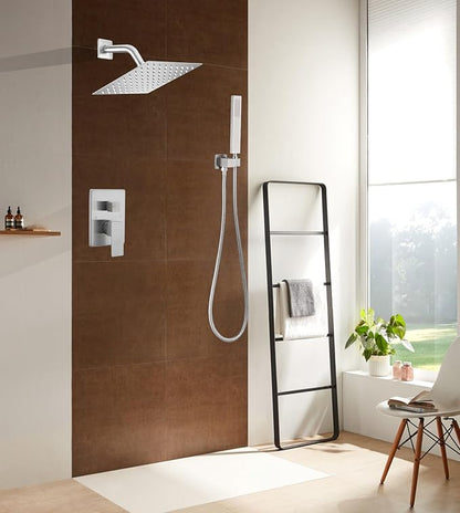 Shower Faucet Set 8 Inch Rainfall Shower Head and Handheld Shower High Pressure Rainfall Shower Head System Shower Faucet Set with Valve and Trim