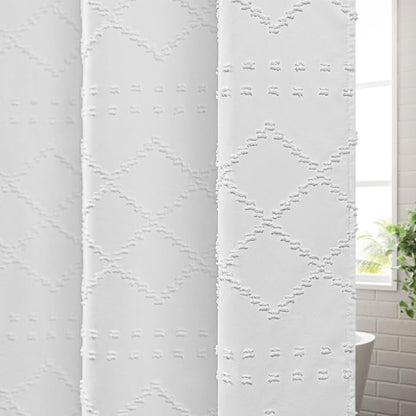 ROSERY No Hook Shower Curtain with Snap in Fabric Liner Set, Boho Farmhouse Jacquard Tufted Geometric Striped Shower Curtain for Bathroom with Tassel, Trellis Pattern, 71" W x 74" L