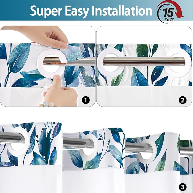 No Hook Shower Curtain and Liner Set, Blue Eucalyptus Floral Shower Curtains for Bathroom, Bath Curtain Sets with Snap in Liner, Waterproof with See Through Top Window, 71x77 Inches