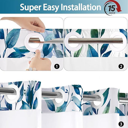 No Hook Shower Curtain and Liner Set, Dark Blue Eucalyptus Floral Shower Curtains for Bathroom, Bath Curtain Sets with Snap in Liner, Waterproof with See Through Top Window, 71x84 Inches