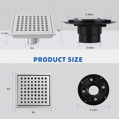 morefine Square Shower Drain with Flange, Shower Drain 6 inch with Removable Grate Cover, SUS 304 Stainless Steel, Brushed Nickel