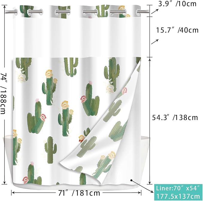 No Hook Shower Curtain Set with Snap in Fabric Liner for Bathroom,with See Through Top Window,Double Shower Curtain with Detachable Liner Replacement,Machine Washable,Cactus Pattern,71"x 74"