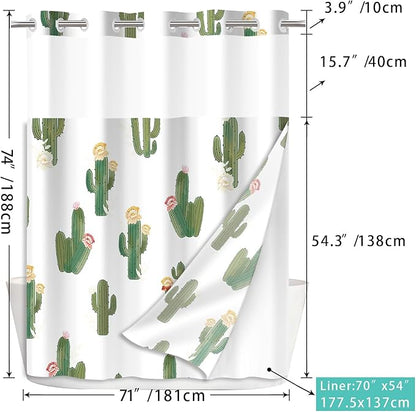 No Hook Shower Curtain Set with Snap in Fabric Liner for Bathroom,with See Through Top Window,Double Shower Curtain with Detachable Liner Replacement,Machine Washable,Cactus Pattern,71"x 74"