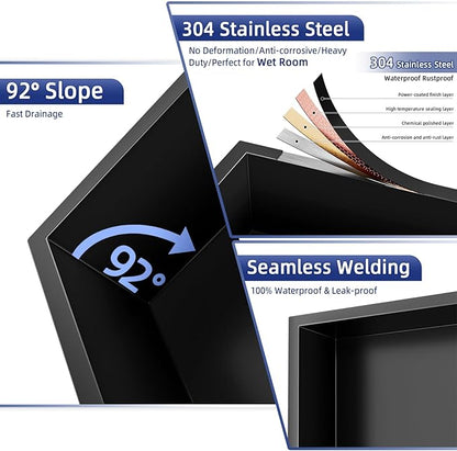 No Tile Needed Shower Niche - 12"x12" Black 304 Stainless Steel Recessed Shelf,Over Mount Installation for Bathroom & Shower Wall,Waterproof