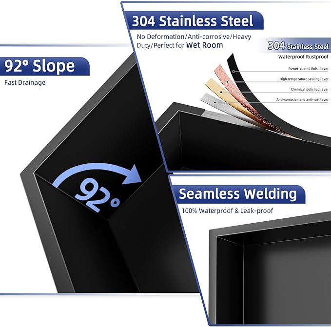 No Tile Needed Shower Niche - 12.75"x24.75"(Inner Size 12"X24") 304 Stainless Steel Recessed Bathroom Shelf, 2-Tier Waterproof Organizer Over Mount Cabinet for Shower Storage, Matte Black