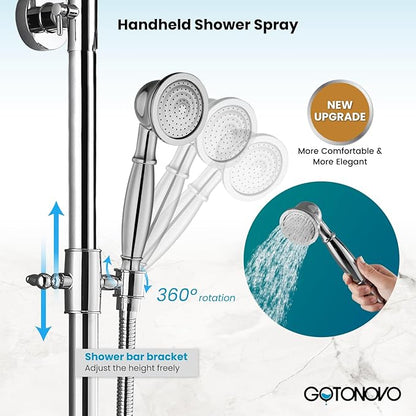 gotonovo Bathroom Classic Exposed Shower Faucet Wall Mount Shower System 8 Inch Luxurious Rainfall Shower Head Set with Tub Spout and Handheld Spray Double Cross Handles Polished Chrome