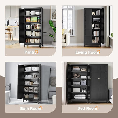 Yizosh Metal Storage Cabinet with 2 Doors and 4 Adjustable Shelves - 71" Black Kitchen Pantry Storage Cabinet,4-Tier Tall Steel Cabinet Locker for Living Room,Dining Room,Kitchen