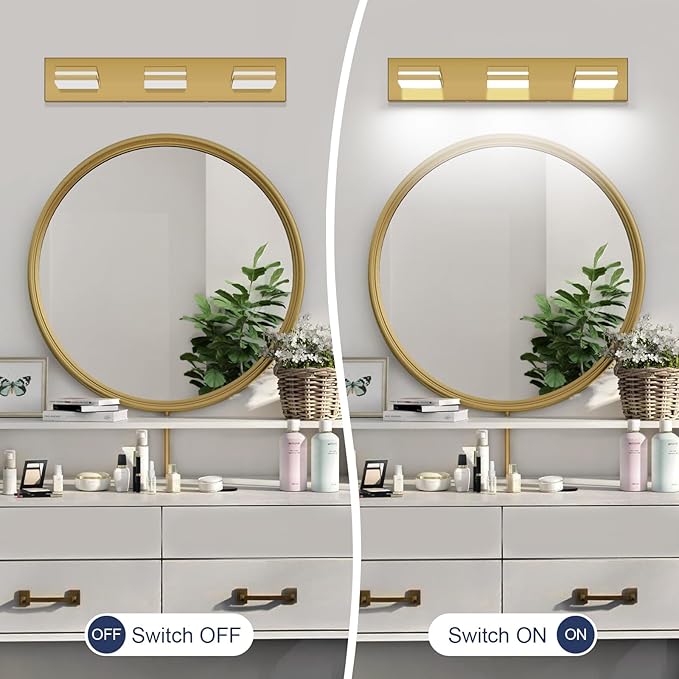SineRise LED Modern Bathroom Vanity Light Fixtures (3-Light, 24-Inch, Dimmable), Brass Modern Acrylic Bathroom Wall Lighting Fixtures Over Mirror (Cool White 6000K)