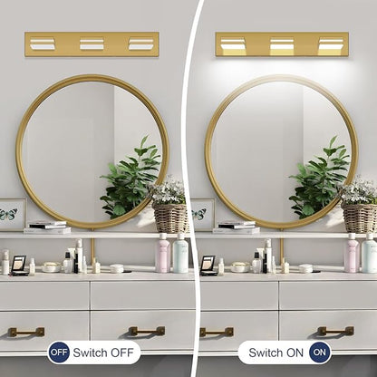 SineRise LED Modern Bathroom Vanity Light Fixtures (3-Light, 24-Inch, Dimmable), Brass Modern Acrylic Bathroom Wall Lighting Fixtures Over Mirror (Cool White 6000K)