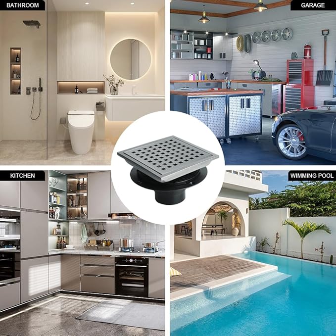 4 Inch Square Shower Drain, SUS 304 Stainless Steel Shower Drain with Flange, Removable Grid Cover Hair Strainer, High Flow Shower Floor Drain, Gun Grey