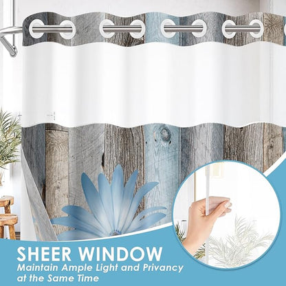 No Hook Rustic Farmhouse Shower Curtain with Snap in Fabric Liner Set, Blue Daisy Flowers and Butterfly on Wooden Double Layers Waterproof with See Through Top Bath Curtain 54x80 Inch