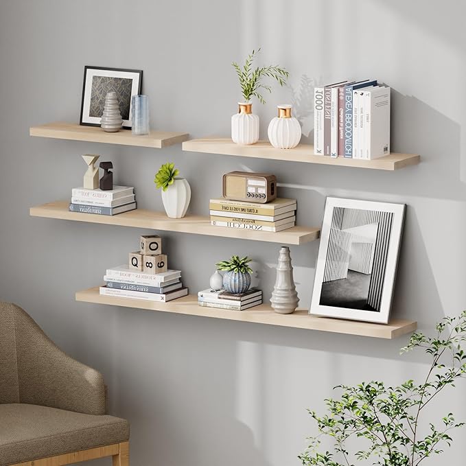 SAUMONIERES Floating Shelves 8 Inch Deep Solid Wood Wide Wall Shelf Set of 2 Wall Mounted for Bedroom Bathroom Living Room Kitchen, 24 Inch Natural
