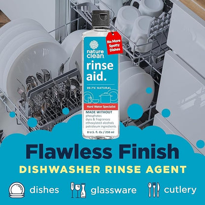 Nature Clean Natural Dishwasher Rinse Aid Liquid, Plant-Based Dishwasher Drying Agent with 99.7% Natural Ingredients, Unbelievable Power and No Nasty Chemicals. Hard Water Stain Remover. 8 oz 2-pack