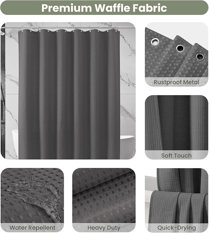 Inhousolu Fabric Shower Curtain Waffle Weave, Graphite Grey 230 GSM Heavy Duty, Weighted Hem, 14 Metal Hooks, Water Repellent, Machine Washable, Hotel Spa Luxury Bath Curtain Set, 72 x 72 Inch