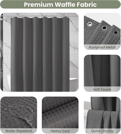 Inhousolu Fabric Shower Curtain Waffle Weave, Graphite Grey 230 GSM Heavy Duty, Weighted Hem, 14 Metal Hooks, Water Repellent, Machine Washable, Hotel Spa Luxury Bath Curtain Set, 72 x 84 Inch