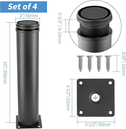 10 Inch Metal Furniture Legs Stainless Steel Adjustable Legs Black Metal Legs Round Cabinet Legs for Coffee Table Cabinet Desk Sofa Shelves, Pack of 4