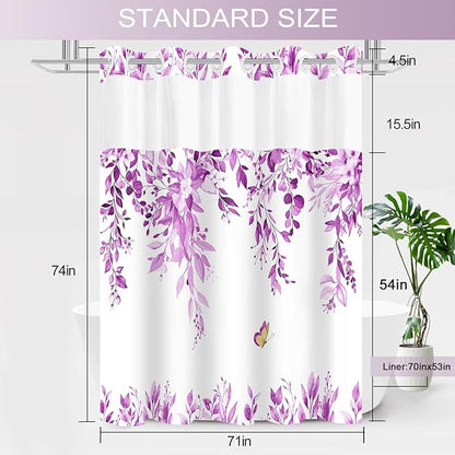 No Hook Shower Curtain and Liner Set, Purple Eucalyptus Floral Shower Curtains for Bathroom, Bath Curtain Sets with Snap in Liner, Waterproof with See Through Top Window, 71x74 Inches