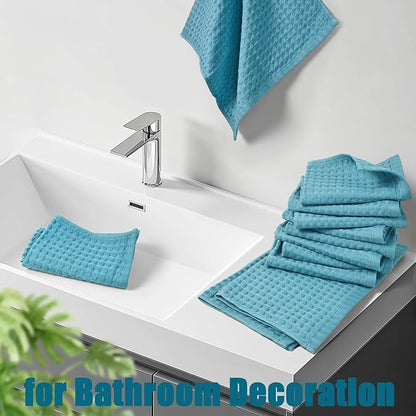 Cleanbear Lake Blue Waffle Washcloths 12 Pack, 13 x 13 Inches, Lightweight and Quick-Dry Face Towels, Soft and Absorbent, Ideal for Bathroom