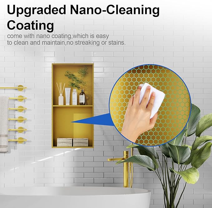 Bathbliss Shower Niche, No‑Tile Recessed Wall Niche, 11.18"x22.3" SUS304 Stainless Steel Double Shelf, Leak‑Proof Waterproof for Bathroom Storage, Brushed Gold