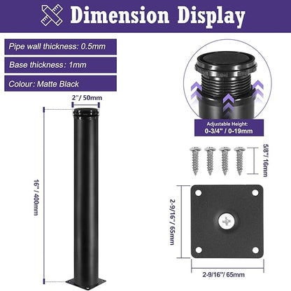 16 Inch Metal Furniture Legs Stainless Steel Adjustable Legs Black Metal Legs Round Cabinet Legs for Coffee Table Cabinet Desk Sofa Shelves, Pack of 4